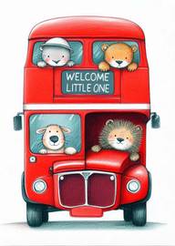 Cute Red Bus with Adorable Animal Friends Welcome Little One