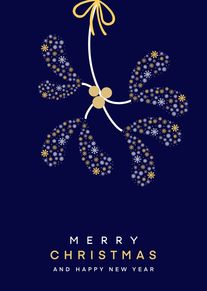 Navy card with gold mistletoe motif and Merry Christmas and Happy New Year text below.