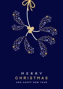 Navy card with gold mistletoe motif and Merry Christmas and Happy New Year text below.
