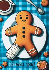 Get Well Soon Card with Cute Gingerbread Man Bandaged Leg