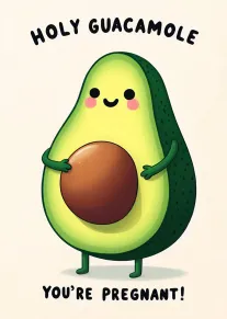 Smiling avocado holding pit with Holy Guacamole You're Pregnant text in playful cartoon style design.