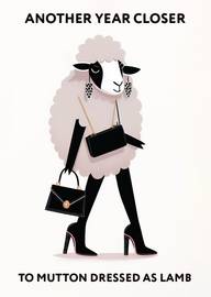 Fashionable sheep dressed in high heels and accessories birthday card