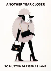 A fashionable sheep in heels carries handbags beneath the pun Another Year Closer headline.