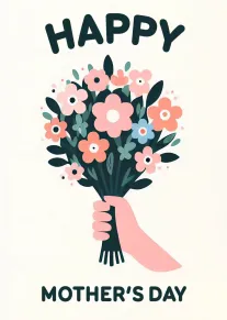 Hand holding pastel bouquet with Happy Mother's Day text on a cream background card design.