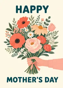 Illustrated hand holding pastel flowers with Happy Mother's Day text on a clean white background.