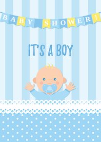 Cute baby boy with pacifier beneath baby shower bunting and the words Its a Boy.