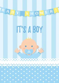 Cute baby boy with pacifier beneath baby shower bunting and the words Its a Boy.