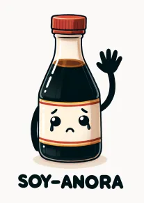 Cute waving soy sauce bottle card with Soy-Anora goodbye pun