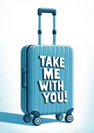 Blue suitcase with take me with you text travel theme