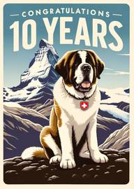 Congratulations 10 Years Card with Saint Bernard Dog and Mountain