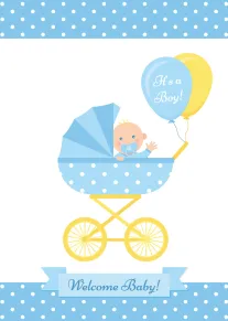 Blue pram with boy balloons and Welcome Baby banner on a white polka dot card.