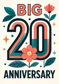 Big 20th Anniversary Card with Flowers and Leaves Design