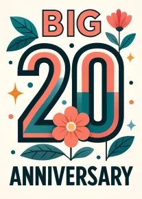 Stylish card with BIG 20 anniversary text, coral flowers, teal leaves, and retro modern accents.