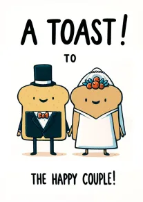 Toast bread bride and groom with wedding attire and A Toast to the Happy Couple.