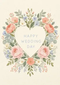 Pastel floral heart card with Happy Wedding Day text and elegant paper-cut blossoms surrounding center.