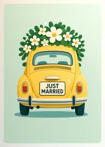 Yellow vintage car with flowers and Just Married text card
