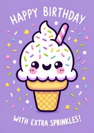 Cute Ice Cream Cone Birthday Card with Sprinkles and Smiling Face