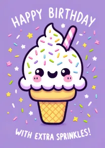 Cute ice cream cone with sprinkles and Happy Birthday text on a purple background card.