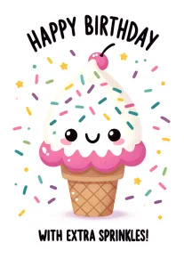 Cute ice cream cone birthday card with smiling face, pink frosting, sprinkles and confetti everywhere.