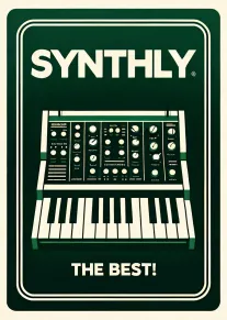 Bold retro card with synthesizer keyboard and the words Synthly the Best on dark green.