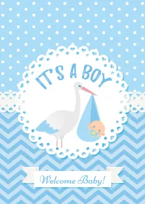 Blue baby card with stork carrying newborn and the text Its a Boy Welcome Baby.
