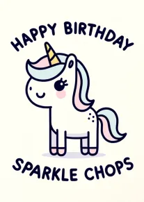Cute unicorn birthday card with rainbow mane and Sparkle Chops text in playful lettering above.