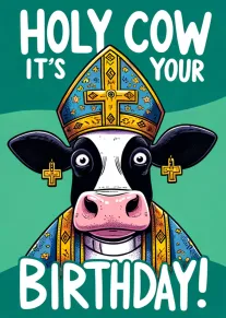 A cartoon cow dressed as a bishop with holy cow birthday text on teal background.