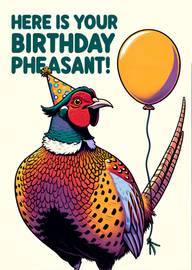 Colorful pheasant with party hat and balloon birthday card