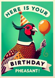 Colorful pheasant wearing party hat holding balloon birthday card