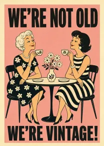 Two stylish women sip tea beside flowers beneath bold text about being vintage, not old.