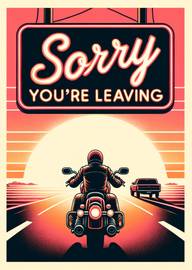 Retro style leaving card with motorcycle and sunset road