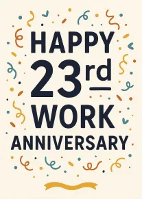 Navy text and confetti celebrate a happy 23rd work anniversary on a cream background design.