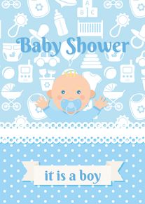 Blue baby shower card with smiling baby, pacifier, and it is a boy message above.