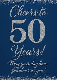 Elegant 50th Birthday Card with Silver Glitter Text on Blue