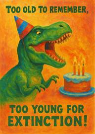 Funny Dinosaur Birthday Card with Cake and Party Hat