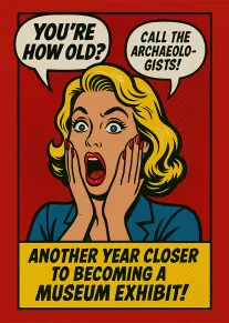 Pop art woman shocked by age joke speech bubbles and museum exhibit caption.