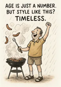 Illustrated man grilling sausages in the rain with age is just a number birthday text.