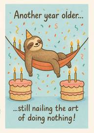 Relaxed sloth birthday card with cakes and confetti humor