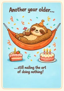 A sloth lounges in a hammock beside cakes with the message about doing nothing birthday.