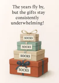 Stacked gift boxes labeled socks beneath a funny birthday message about consistently underwhelming yearly gifts.