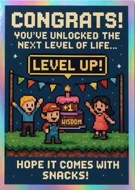Pixel art birthday card with characters celebrating level up and cake