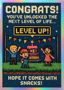 Pixel art congratulations card with cheering characters, level up message, cake, and playful snacks joke.