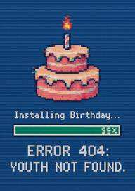 Pixelated birthday cake with error 404 youth not found message