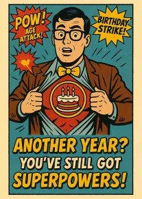 Comic birthday card with a surprised man, superhero shirt reveal, and bold age attack text.