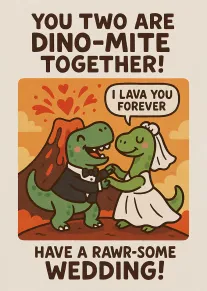 Cute dinosaur bride and groom with lava hearts and wedding pun wording on orange background.
