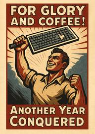 Retro style man triumphantly holding keyboard for glory and coffee