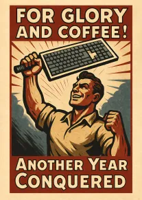 Retro poster man lifts a keyboard triumphantly with bold text For Glory and Coffee above