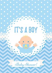 Cute blue baby shower card with baby illustration, polka dots, and text Its a Boy.