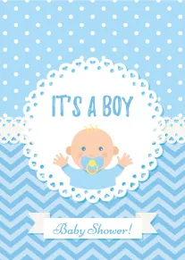 Cute blue baby shower card with baby illustration, polka dots, and text Its a Boy.