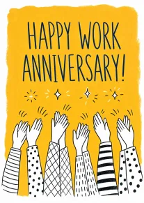 Yellow work anniversary card with clapping illustrated hands and large blue celebratory lettering on top.